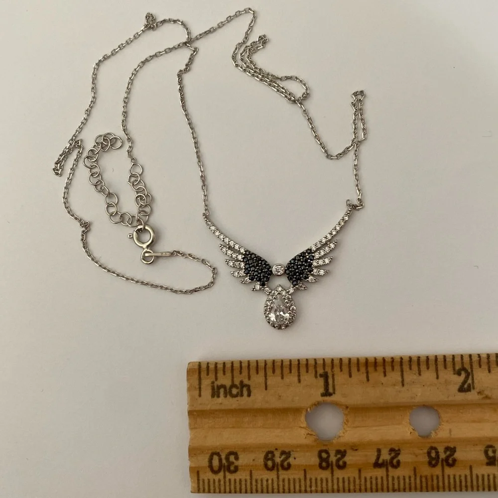 925 Silver angelwing necklace cz with big clear stone - Picture 3 of 4